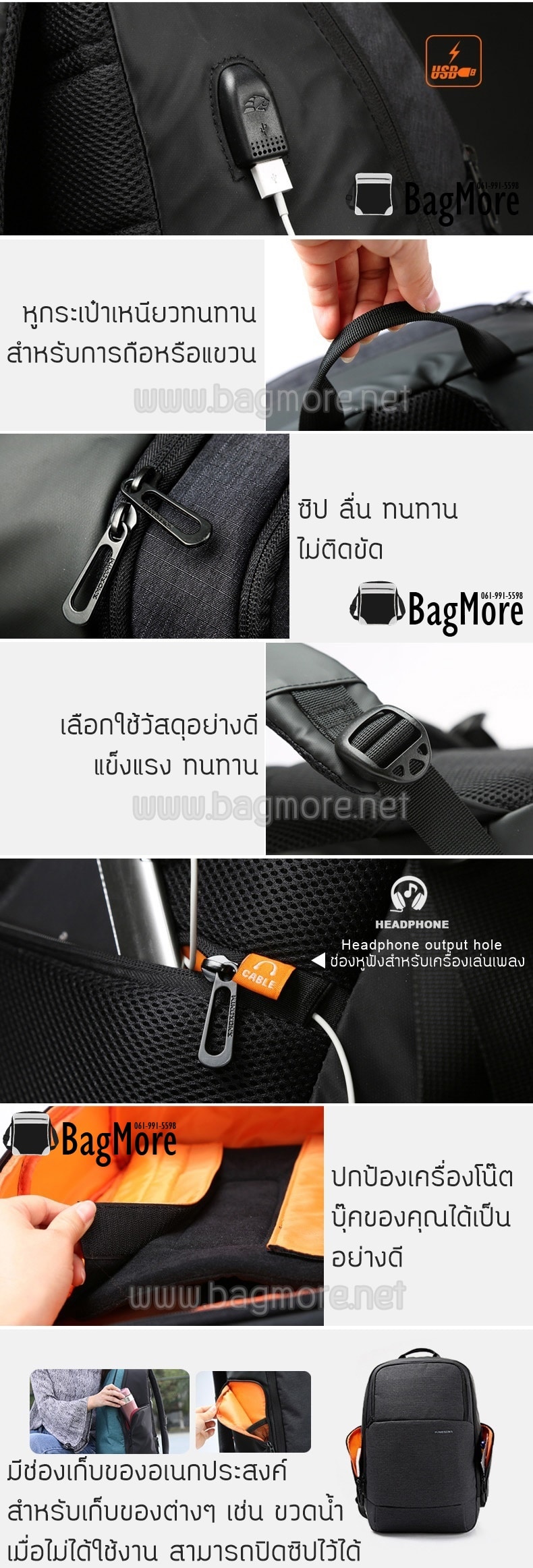 กระเป๋าโน๊ตบุ๊คสะพายหลัง usb port